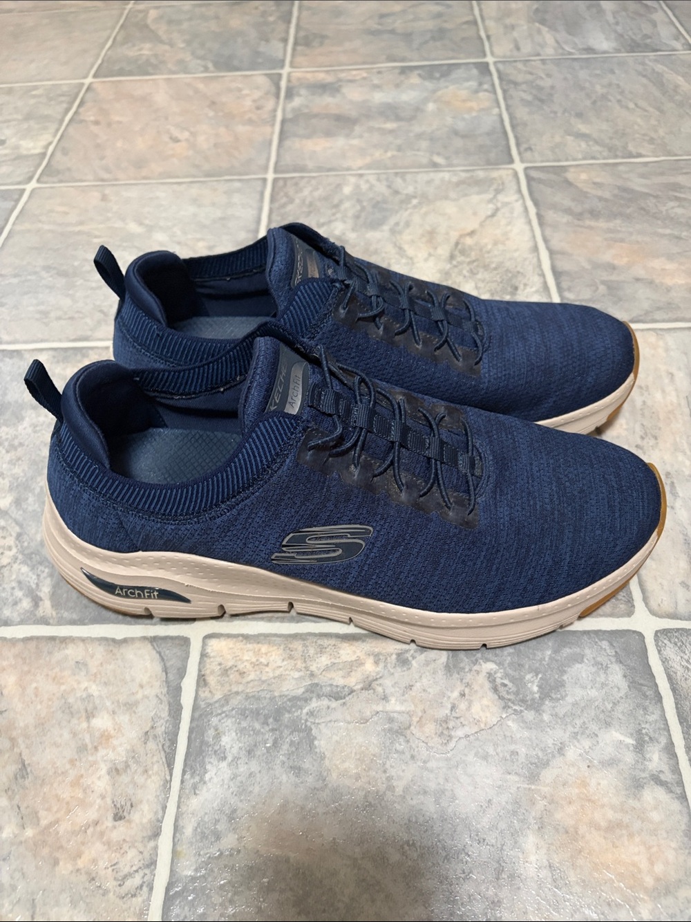 Skechers Arch-Fit Slip-On Knit Sneakers in Navy and Tan
